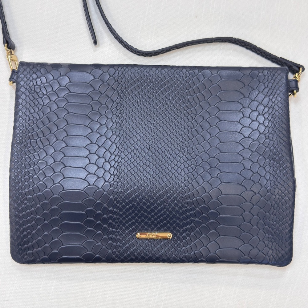 GiGi New York Navy Blue Python Embossed Leather Foldover Crossbody Clutch Bag
